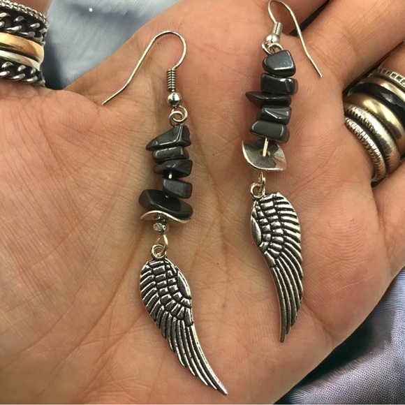 Genuine Hematite angel wings dangly earrings - Picture 6 of 7